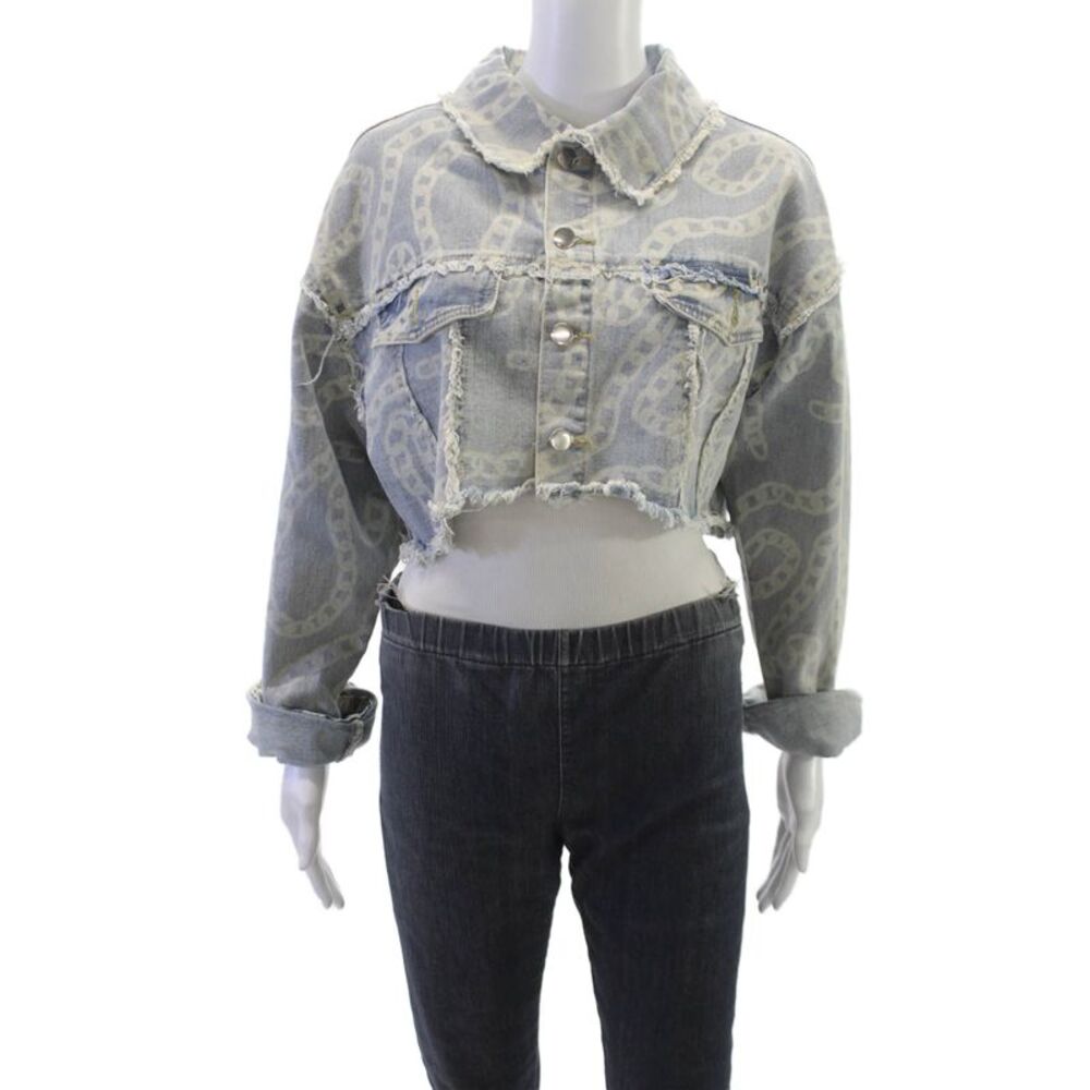 Athina Womens Basic Jacket Blue Cotton Geometric Button Long Sleeve Size S